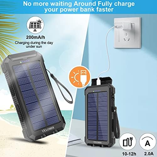 Solar Power Bank 20000mAh, carregador solar portátil portátil de Yelomin com lanternas duplas de porta de entrada Tipo C e saídas USB Bateria de backup externa para celulares para celulares, tablets e muito mais