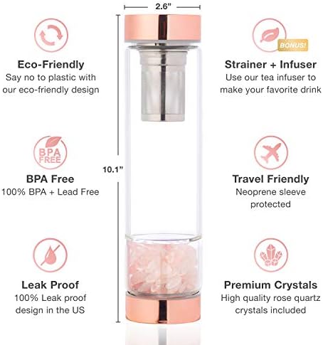 Rose Gold Crystal Elixir Infundido a garrafa de água motivacional clara + manga protetora + Infusor de chá + Cristais removíveis