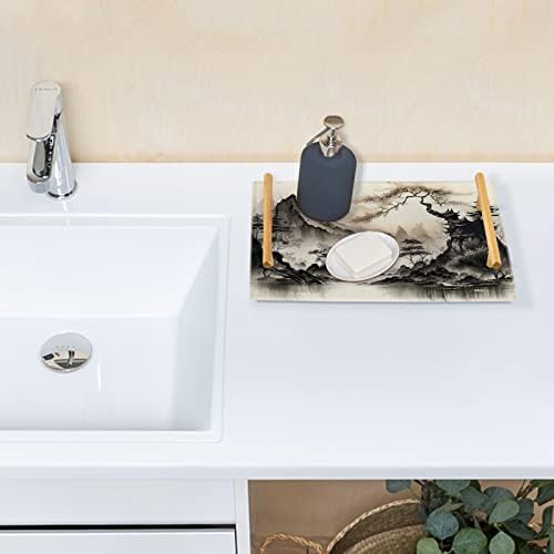 Bandeja de vaidade da paisagem de estilo fólosa, alça de metal acrílico Bandeja de servir para banheiro da sala de estar decoração de casa 7,87 × 11,81 polegadas