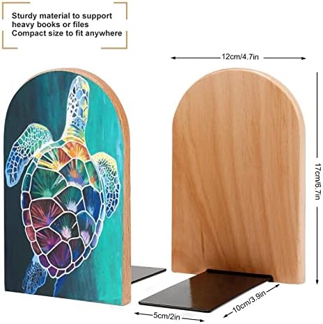 Pintura de tartaruga marinha de madeira para suportes para livros não esquisitos para prateleiras 1 par 7 x 5 polegadas