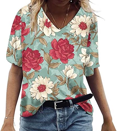 Camiseta solta para mulheres plus size floral estampa vil de pescoço de cola curta túnica túnica de verão camisas casuais