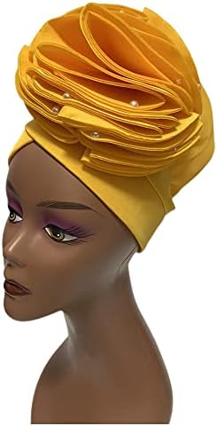 Moda Amarelo Africano Cabeça Turbante para Mulher Gele Nigeriana Já fez Auto Gele Turbano Big Flowers Headtie 1set -Ple MSB Fabric