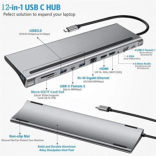 Chysp 12 em 1 USB C Laptop Docking Station Type-C para HDMI duplo compatível com HDMI/VGA/USB 3.0 Hub/PD/RJ/Micro-SD/TF Adaptador de