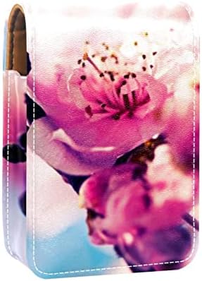 Mini estojo de batom com espelho para bolsa, Cherry Blossom Portable Case Holder Organization