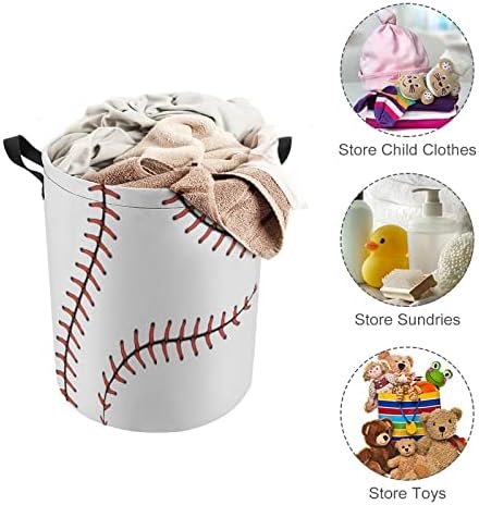 Red Stitching Baseball Round Roundry Saco de lavanderia cesto de armazenamento à prova d'água com tampa de cordão e alça