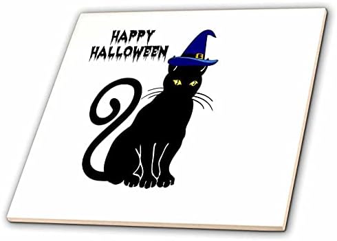 Imagem 3drose de gato preto com chapéu de bruxa azul diz Happy Halloween - azulejos
