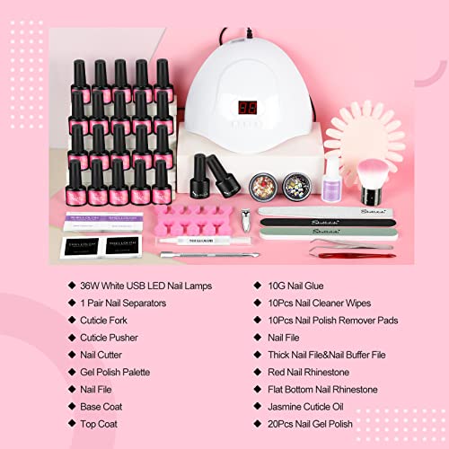 Kit de esmalte de unha em gel Shelloloh com UV Light Top e Base Casat All-in-One Gel Polish Starter Kit 20 PCS Primavera Summer Summer Popular Decorações de unhas DIY French Nail Art em casa Presentes para mulheres