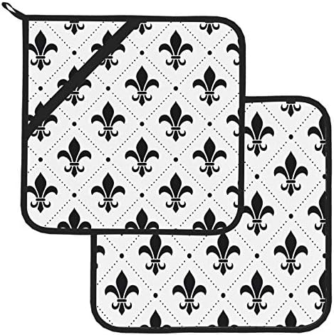 Damasco francês Fleur de Lis preto Patt Hot Pad Pad resistente a calor Loops de pau 2 PCs Potes quadrados Pote de panela 8 × 8 polegadas