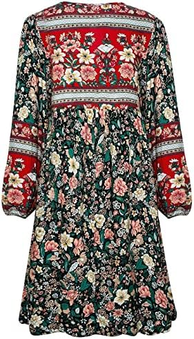 Vestidos florais boêmios de verão feminino Moda de mangas compridas camiseta em vistos de vestido casual de férias