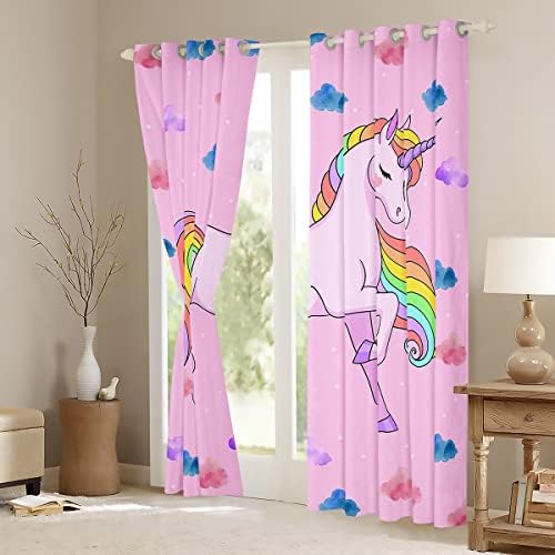 Crianças Curtan Rainbow Unicorn 104 x84, cortinas de janela rosa kawaii pastel