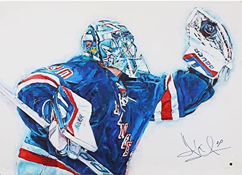 Henrik Lundqvist New York Rangers autografou 30 x 40 Blue Jersey Glove Save Studios Hintz Fine Art Print - Jerseys autografados