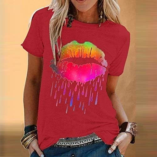 Mulheres verão Casual casual Lip Print Manga curta O-pescoço de camiseta de camisetas Bloups Tops Tops