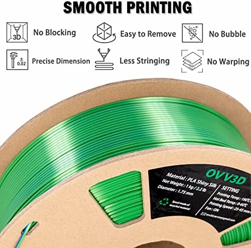 Filamento OVV3D PLA 1,75 mm, filamento de impressora 3D de cor dupla de seda, filamento de coextrusão verde azul, cor de cor
