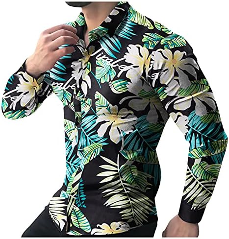 Camisas masculinas da Beibeia botão de outono de manga comprida, camisa havaiana folhas relaxadas folhas florais vintage