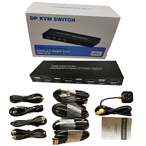 KVM Switch DisplayPort 4 Porta - DP KVM Switch 4 Computador, uma chave de monitor para compartilhar mouse, teclado, impressora, dispositivo USB 2.0 e monitor HD Ultra HD, Suporte 4K@60Hz, 4 dp e 4 cabo USB incluído