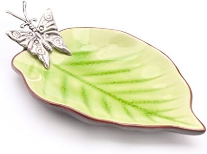 Prato de cerâmica verde com borboleta de prata esterlina