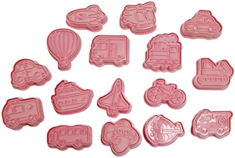 16 peças Cores de biscoito de veículo plástico com punção de punir, monstro caminhão/construção/trator/trem/avião/iate/cortador