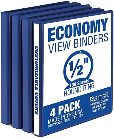 Economia de Samsill 0,5 polegada 3 Anel Binder, feita nos EUA, fichário redondo, tampa de vista transparente personalizável, azul, 4 pacote
