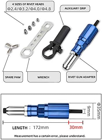 Adaptador de armas de rebite para perfuração elétrica, kit de ferramenta de rebitagem sem fio Ferramenta de mão elétrica para mão de mão para 3/32 1/8 5/32 3/16 Rivetes porca de porca