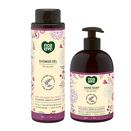 Ecolove - Lavagem corporal hidratante natural para pele seca e sabão líquido natural - mirtilo orgânico, uva e lavanda - sem SLS ou parabenos - gel de chuveiro vegano e sem crueldade, 17,6 oz