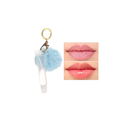 Brilho labial transparente com pingente de bola de pele colorido, óleo de lábio portátil de chaveiro, protetor labial