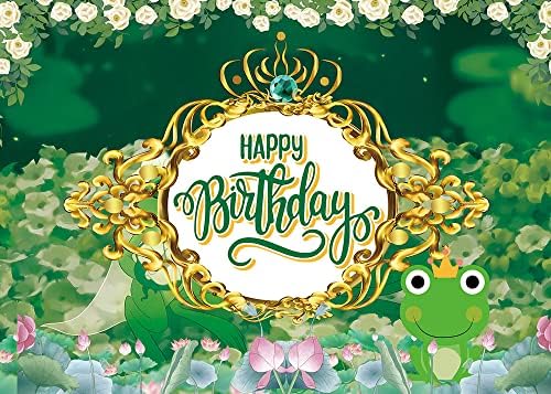Cartoon Little Frog Princess cenário da fotografia Coroa dourada Royal Green Lotus Flower Bokeh Background Feliz aniversário