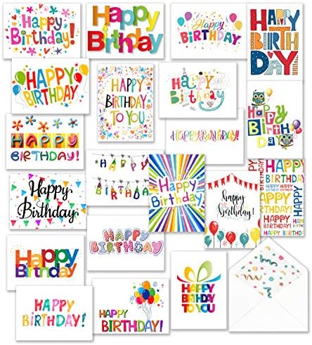 100 cartões de feliz aniversário a granel, em branco por dentro com envelopes e adesivos, - 20 Notas de designs coloridos