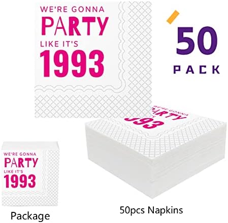 Guardanapos de coquetel de 30 anos do Sharkbliss, 50 pack rosa, vamos festejar como se fosse 1993, 30º aniversário, guardanapos de bebidas de coquetel de 30º aniversário para mulheres, sua trinta 30ª decoração de aniversário | 2-Ply, 5x5