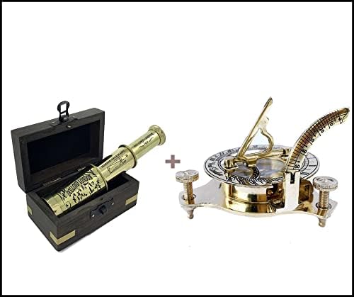 Telescópio de latão marinho vitoriano com caixa de madeira + bússola de relógio de relógio brilhante vintage para crianças