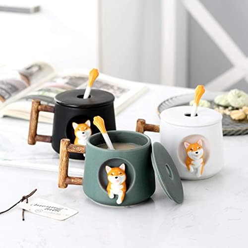 Caneca de café cerâmica e engraçada com colher de tampa - novidade personalizada 3d cão leite chá de chá de água -