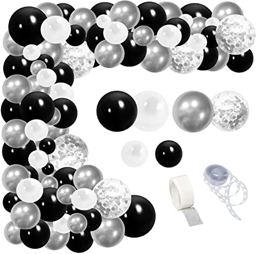 Balões brancos de prata preta kit de arco de guirlanda, 112pcs preto branco e metálico prateado confete de látex decorações