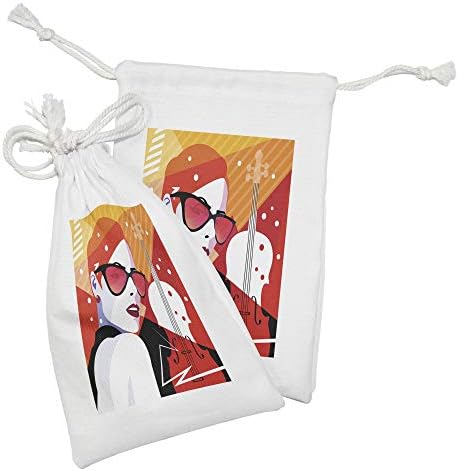 Conjunto de bolsas de tecido de mulher abstrata de Ambesonne de 2, layout de instrumentos com tema musical vibrante, saco de cordão pequeno para máscaras e favores de produtos de higiene pessoal, 9 x 6, Vermilion Orange
