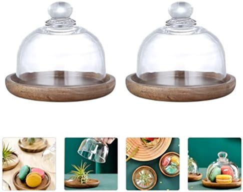 Alipis Bolo Placas Bell Jar Dome Mini Bolo Stand Dome de vidro com base de madeira, Sobremes