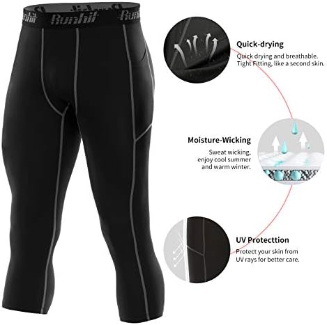 Runhit 3/4 calças de compressão masculina com bolsos, trepes de treino atlético Leggings Athletic Base Camada de