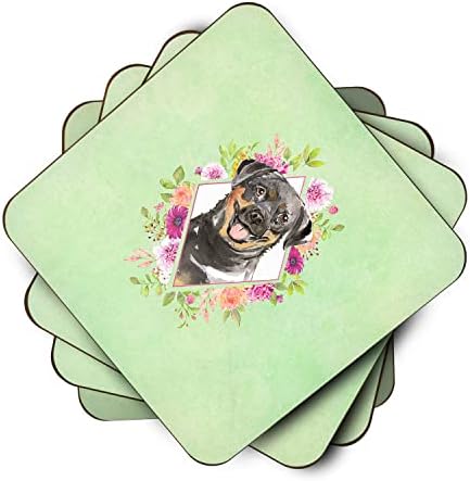 Tesouros de Caroline CK4377FC Rottweiler Green Flowers Coamas -russa Conjunto de 4, 3 1/2 x 3 1/2, multicolor