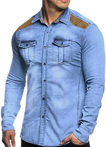 Camisas de jeans de fit slim de fita vintage para homens camurça botão de retalhos de retalhos de camisa retro angustiada camisa