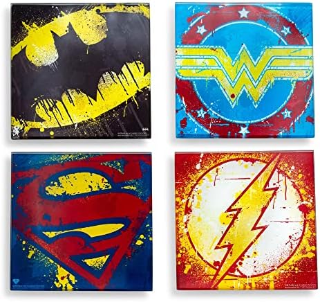 DC Comics Graffiti Superhero Logos Coasters de vidro para bebidas, conjunto de 4 | Proteção de mesa para cozinha doméstica