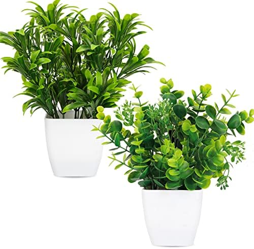 FUNARTY 2PCS Plantas falsas, mini plantas artificiais em vasos, folhas de eucalipto de vegetação, pequenas plantas plásticas