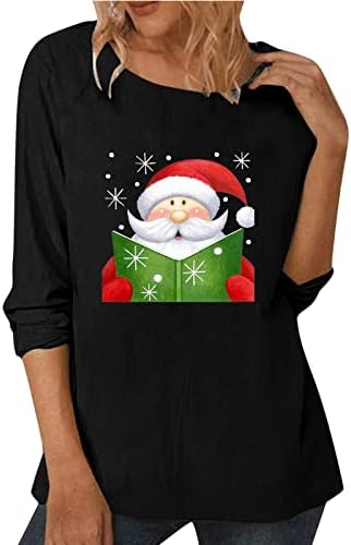 Tampas de Natal de tamanho grande para mulheres femininas de manga comprida Crewneck Padrão de natal bainha camiseta de camiseta