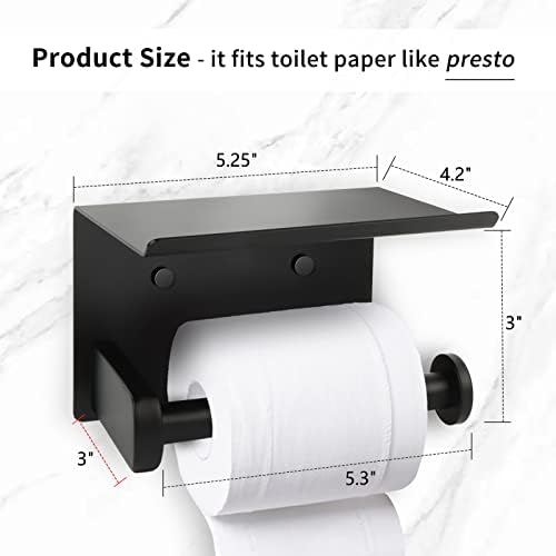 Suporte de papel de papel higiênico autônomo Montador de parede, suporte de papel higiênico preto fosco com prateleira para banheiro banheiro, à prova de ferrugem, incluindo parafusos