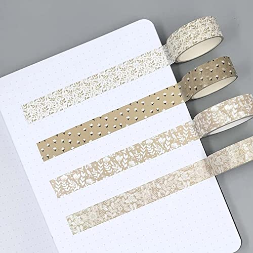 TH Smart - conjunto de fita washi neutro de 4 | Kraft, Brown, fita de mascaramento floral bege para revista de balas, scrapbook,