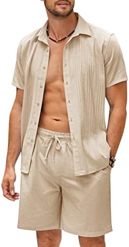 Coofandy masculino de linho de algodão masculino Pleats de manga curta Guayabera Suits 2 peças Button camisa e roupas de praia