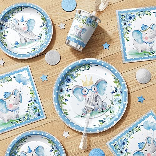 Decorações de chá de bebê de elefante Ecomore para menino - 175pcs Blue Elephant Party Supplies Dinnerwar louças com pratos