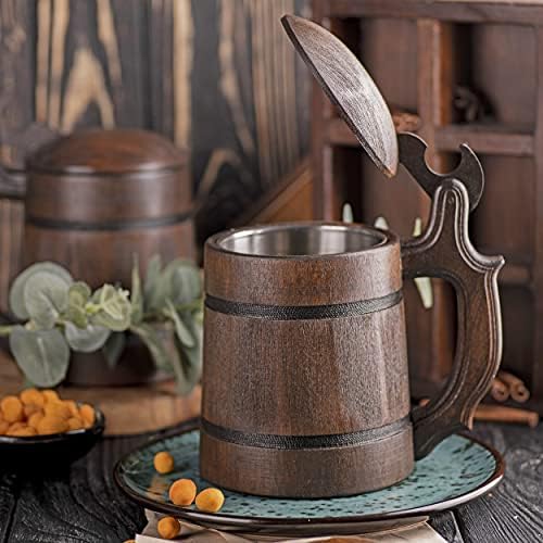 Thor Hammer Mjolnir Caneca Viking de Cerveja de Cerveja de Madeira com tampa Nórdica Cerveja de madeira personalizada Creer premium Wood Tankard Presente para ele Garge Beer Stein Gift para marido Handmade Beer Caneca Oak #437/0.6L/22 onças