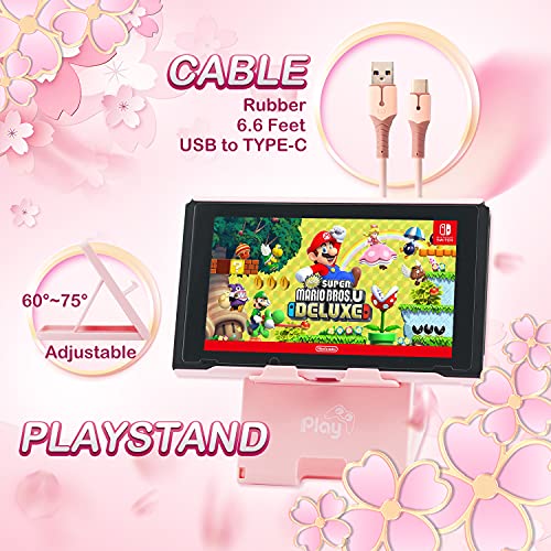 Caso de transporte rosa Playm Pacote e acessórios para Nintendo Switch, Kit de acessórios fofos com cobertura protetora, protetor de tela, suporte ajustável, estojo de cartão de jogo, garras de polegar e cabo de carregador para meninas