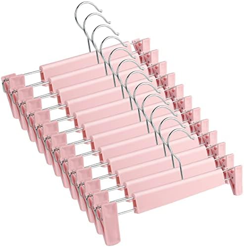 Dedu Calça cabides com clipes de 12 pacotes rosa, cabides de saia para mulheres ajustáveis ​​de plástico, cabides curtos para armários
