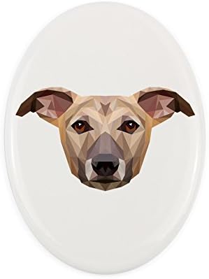 Whippet, placa de cerâmica de lápide com uma imagem de um cachorro, geométrico