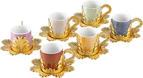Lamodahome Turkish Coffee Cups com pires de 6, copo de café e pires gregos em porcelana e pires, copo de café para mulheres,