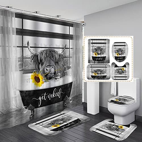 Oleado 4pcs Funny Highland Cow Shower Curtain Conjunto, girassol amarelo Obtenha uma banheira nua de banheira de banheira em preto e branco decoração de banheiro moderno, decoração de casa de fazenda rústica, tapete de banho sem deslizamento, vaca de banho