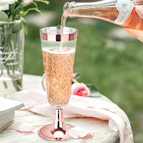 Bucla 100 pacote de ouro rosa de ouro rosa flautas de champanhe - 5 oz de champanhe de champanhe com aro de ouro rosa - copos descartáveis